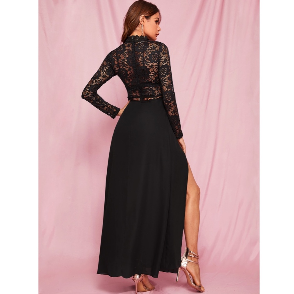High Neck Lace Detail Black Maxi Dress - Picture 3 of 10